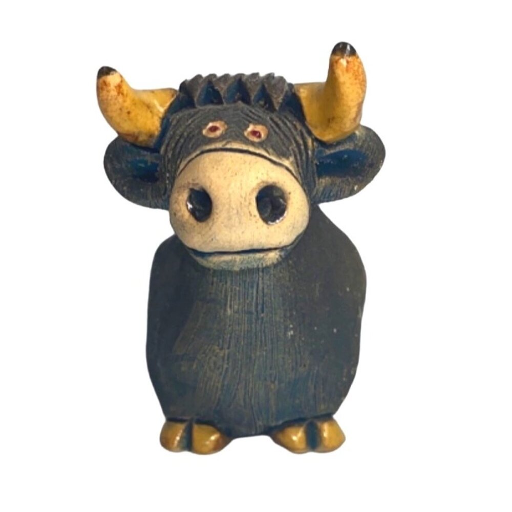Handcrafted Black Highland Cow Figurine With Yellow Horns & Details